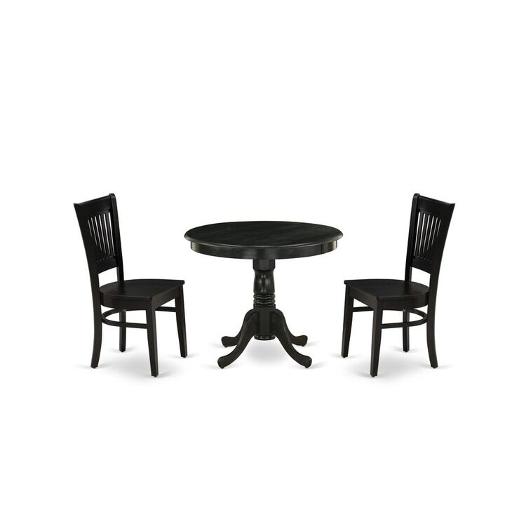 East West Furniture 3-Piece Dining Room Set- 2 Kitchen Chair and Modern dining room table - Wooden Seat and Slatted Chair Back (Black Finish)