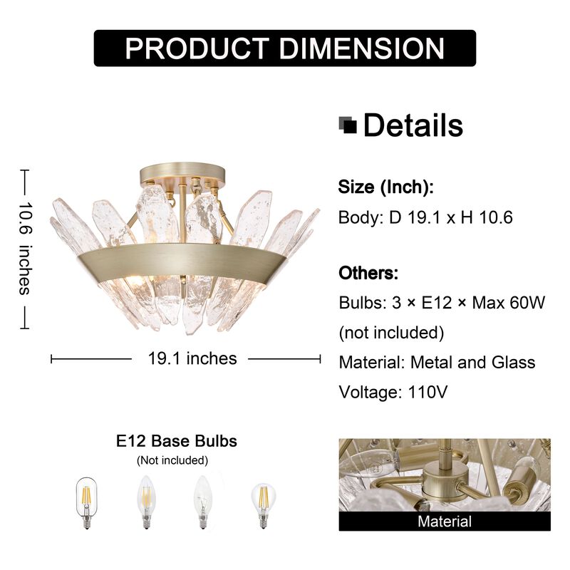 Rosina Brushed Silver-ish Champagne 3-Light 19.1" Modern Seeded Glass Panel Flush Mount Flush Mount image number 5