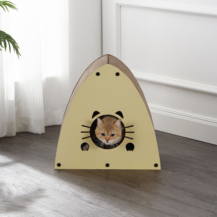 Koko 19" Modern Cardboard Triangle Cat Cave Scratcher with Catnip, Almond