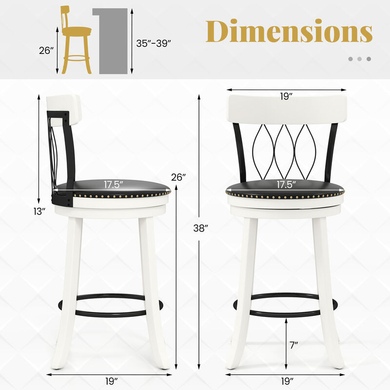 Swivel Bar Stools Set of 2 with Decorative Rivets and Wooden Footrest Frame