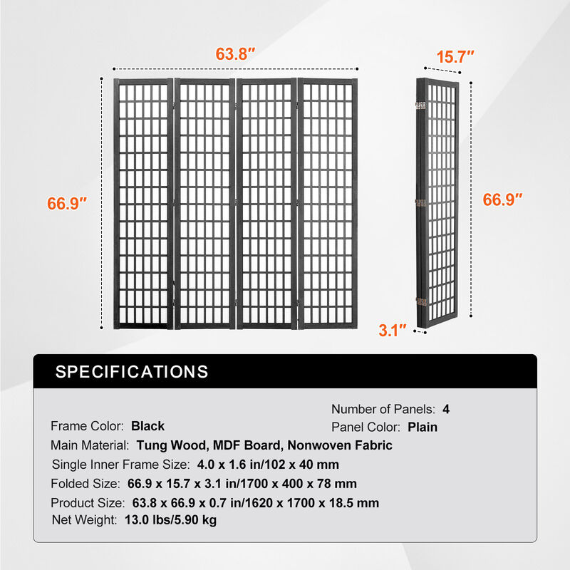 4-Panel Japanese Room Divider, Wood Folding Privacy Screen for Home or Office