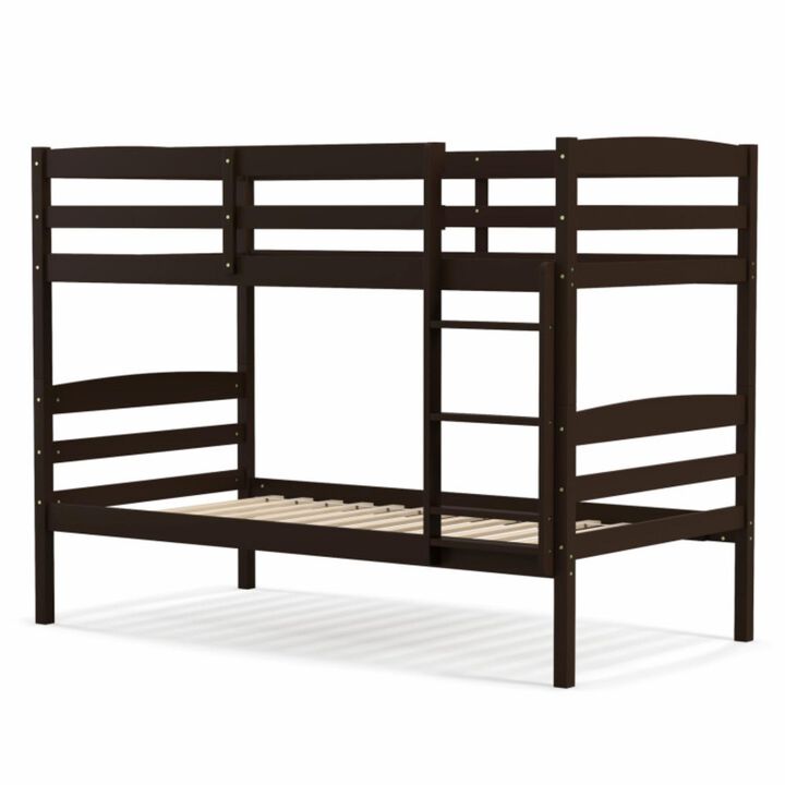 Hivvago Solid Wood Twin Over Twin Bunk Bed Frame with High Guardrails and Integrated Ladder