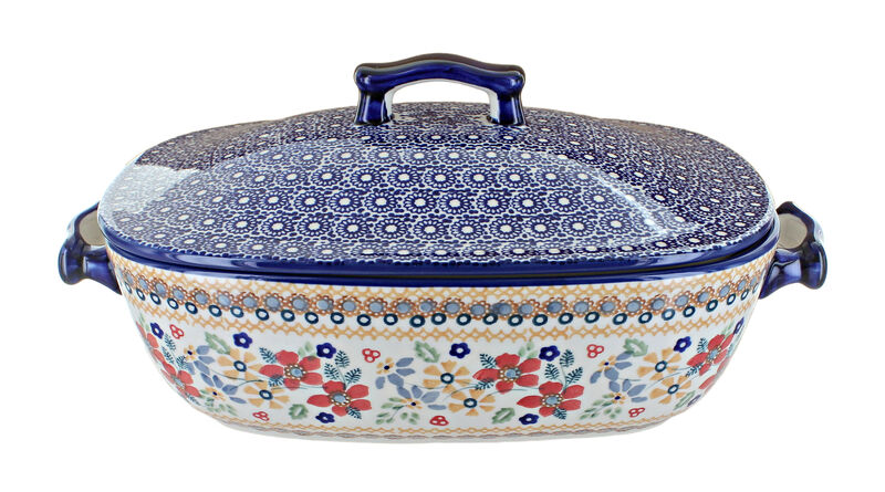 Blue Rose Polish Pottery Small Dots Roaster with Lid