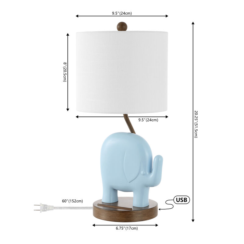 Ellie 20.25" Bohemian Designer Iron/Resin Elephant LED Kids' Table Lamp with Phone Stand and USB Charging Port, Pink