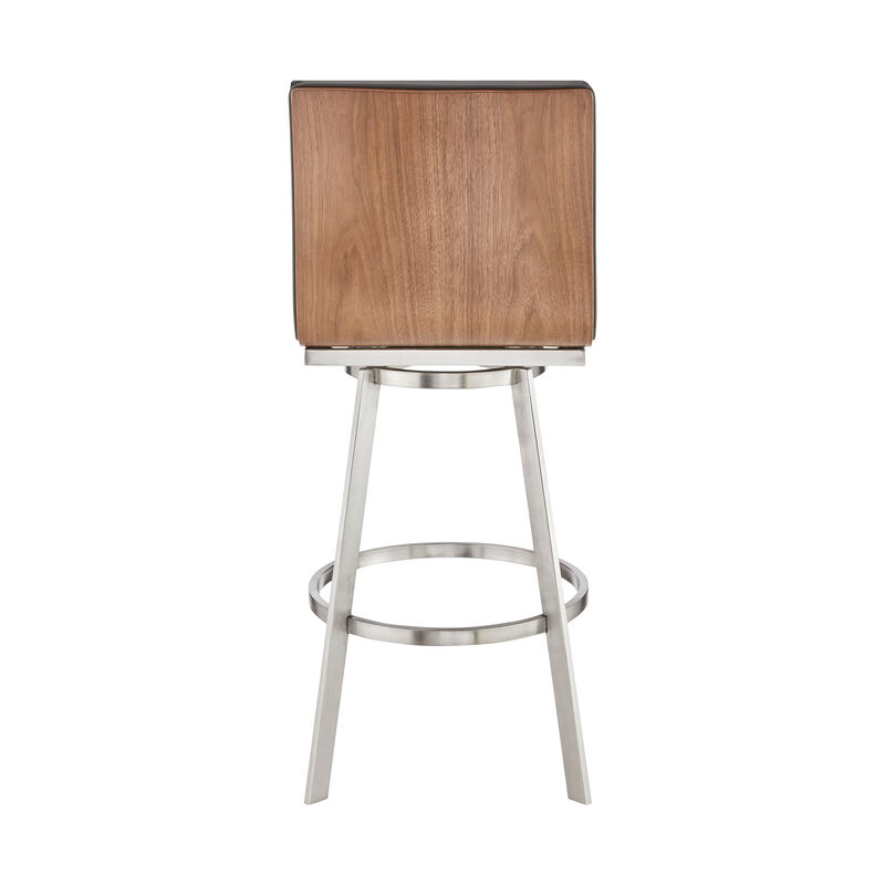 Jermaine Bar Height Swivel Bar Stool in Brushed Stainless Steel Finish and Gray Faux Leather