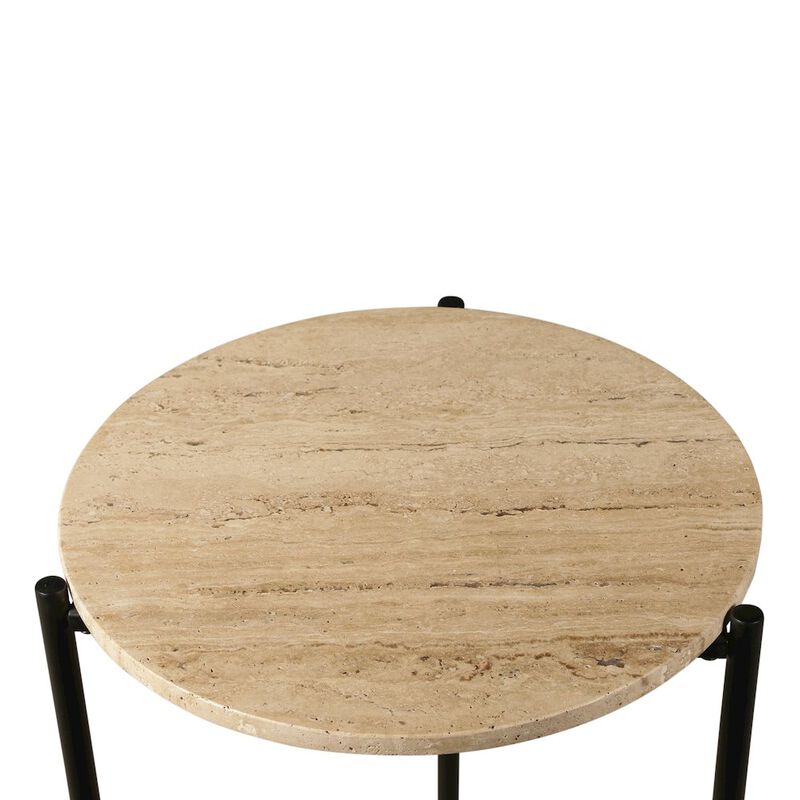 World Interiors Charleston 18 Side Table in Travertine Stone and Iron