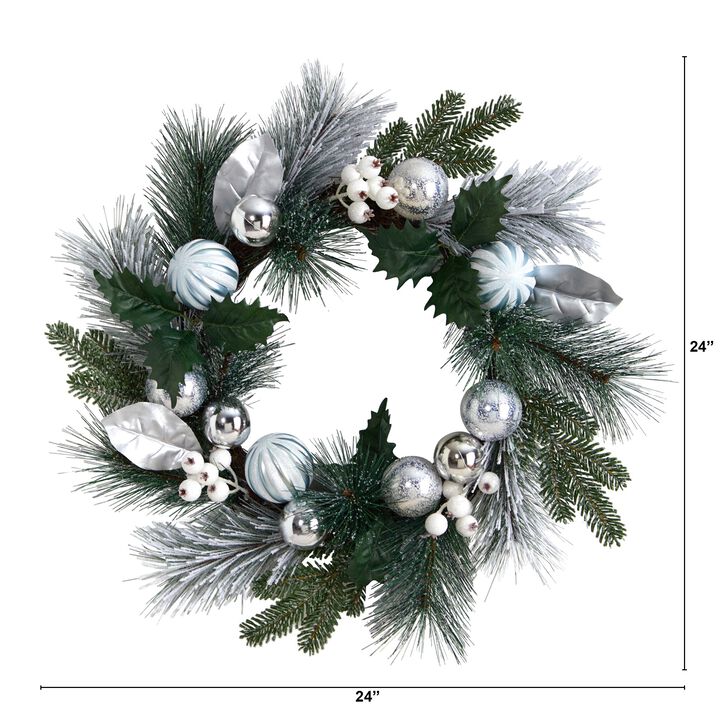 Hivvago 24" Pinecones and Berries Christmas Artificial Wreath with Silver Ornaments
