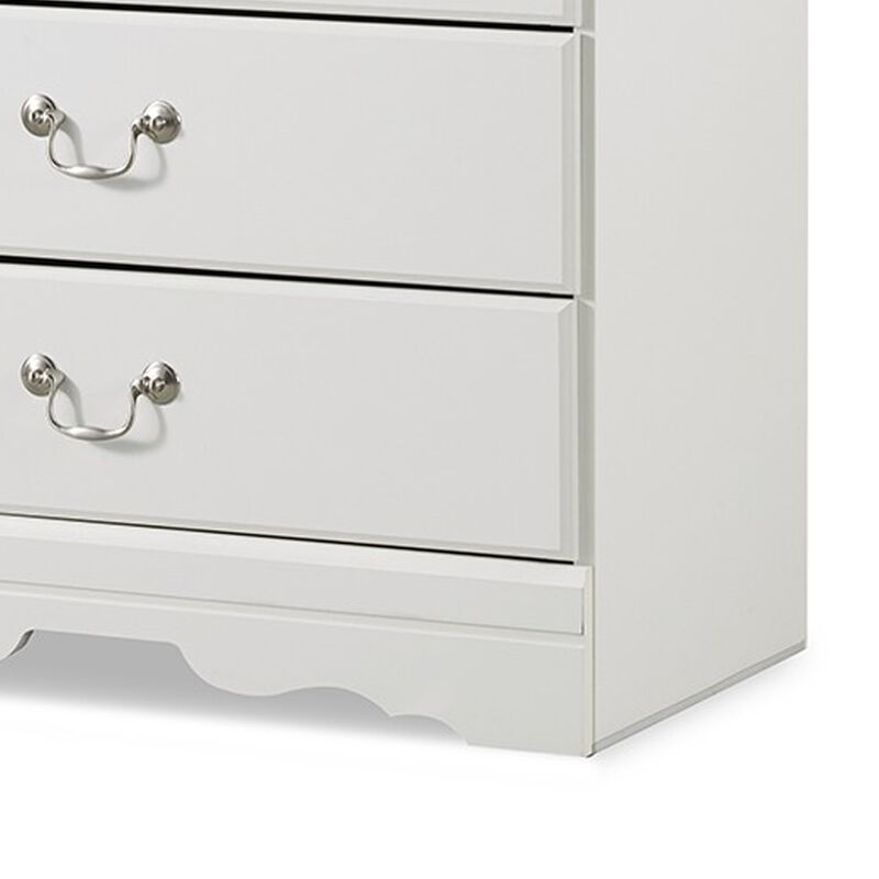 Roso Tall Dresser Chest, Classic White, 5 Drawers Pewter Metal Handles