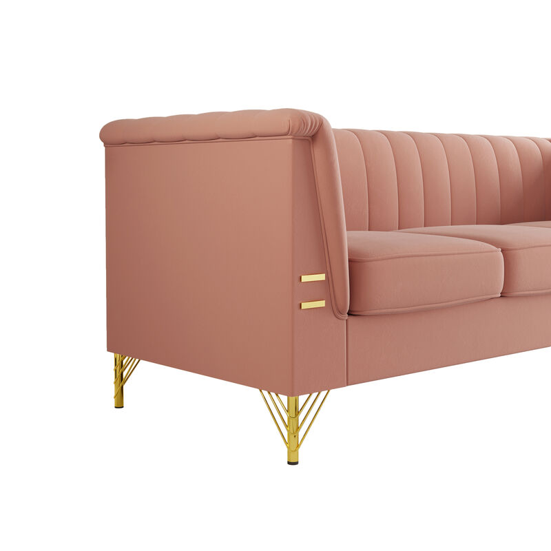 FX-P82-PK(SOFA)-Modern Designs Velvet Upholstered Living Room Sofa, 3 Seat Sofa Couch with Golden Metal Legs for Home, Apartment or Office Pink SOFA image number 5