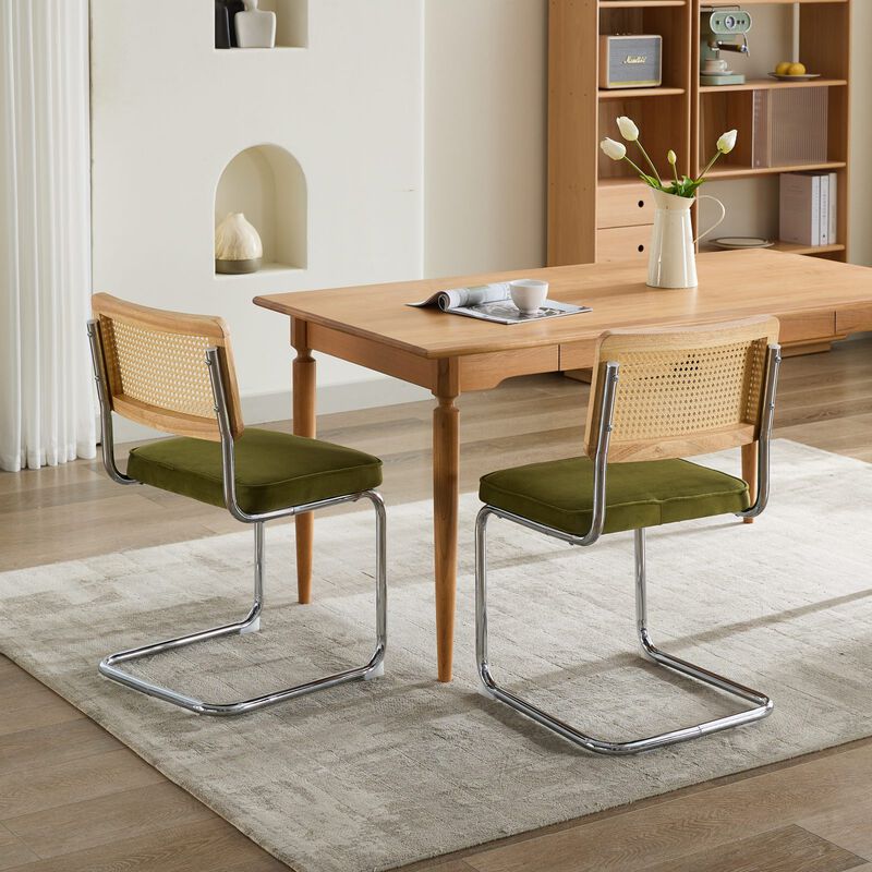 Whisen 2-Piece Mid Century Dining Chairs, Velvet Upholstered with Cane Back & Chrome Base, Cantilever Design for Kitchen image number 3