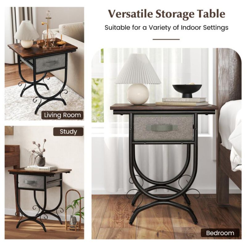 Hivvago Side Table with Fabric Drawer and Carved Metal Frame for Living Room