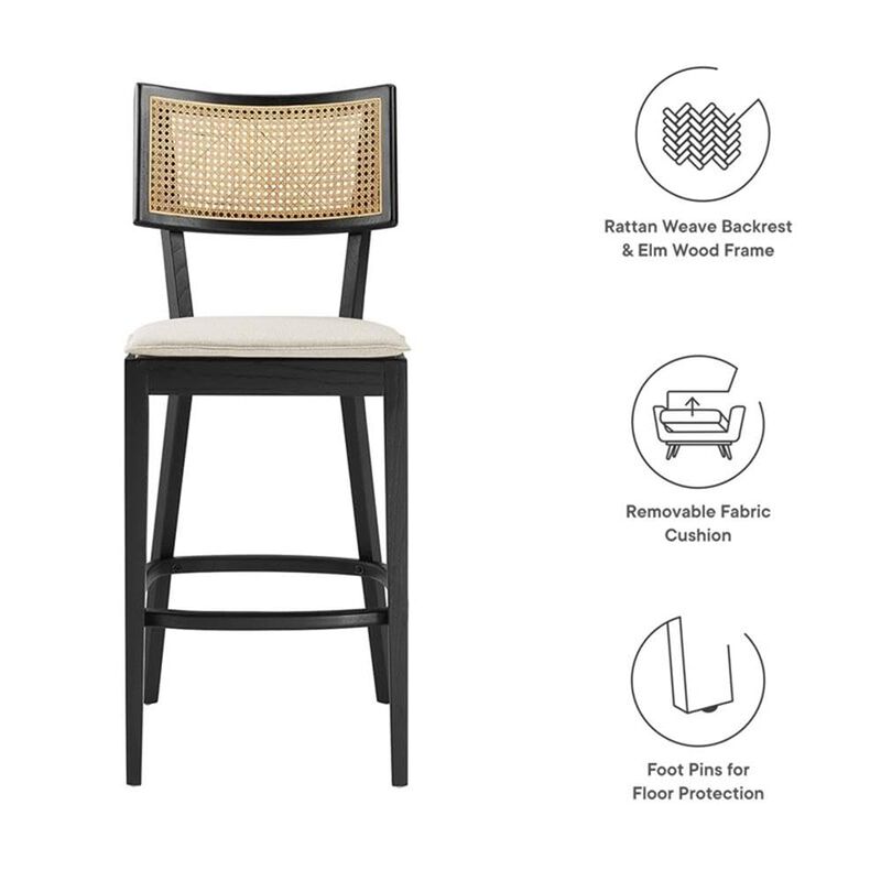 Modway Caledonia 46.5 Inch Elm Wood Bar Stools - Set of 2 in Black Beige - Padded Bar Stools with Rattan Back and Removable Cushion Cover - 2Pc High Bar Chairs with Footrest - Armless Bar Stools image number 6