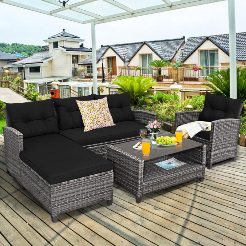 Hivvago 4 Pieces Patio Rattan Sofa Furniture Set with Cushion and 2-Tier Coffee Table