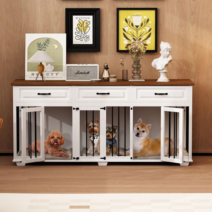 XL Dog Crate Furniture for 3 Dogs, Large Wooden Dog Kennel with 3 Drawers, Indoor Wooden Dog House Cage with 2 Dividers