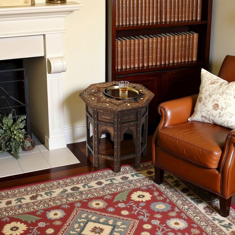 Starlight Canyon Home Vintage Side Table in Brown &ndash; Antique Side Table with Bone Inlay Design