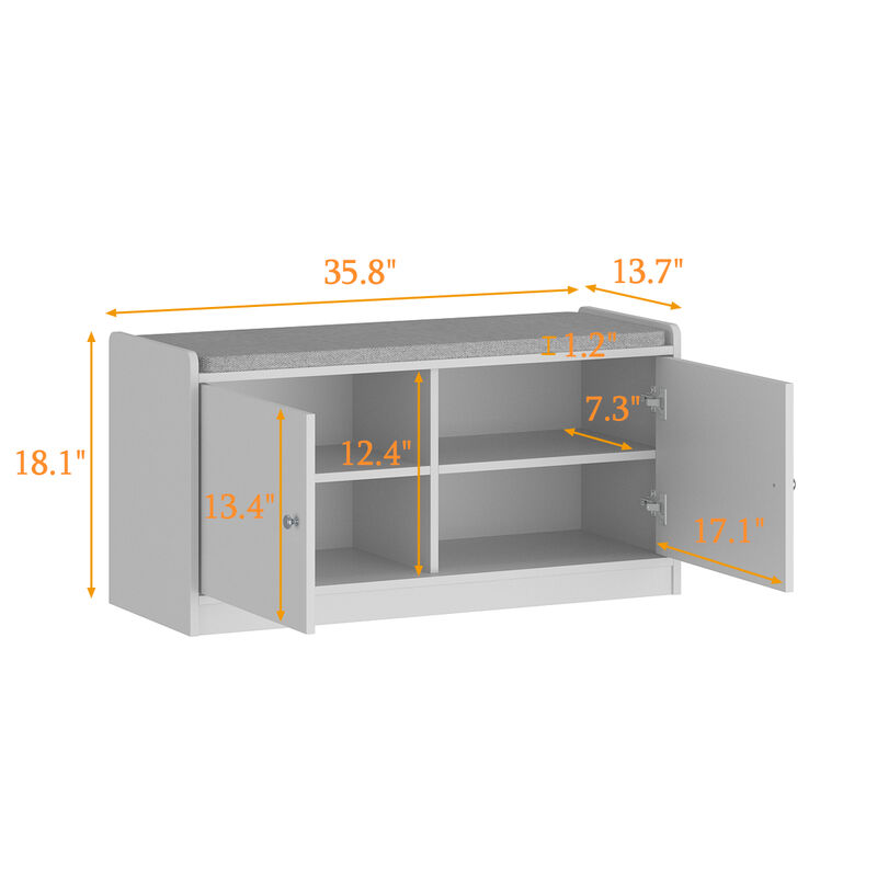 35.8 in. W x 18.1 in. H 8-Pair Shoes White Wood Shoe Storage Bench with 2 Doors and 4-Shelves Storage Compartment
