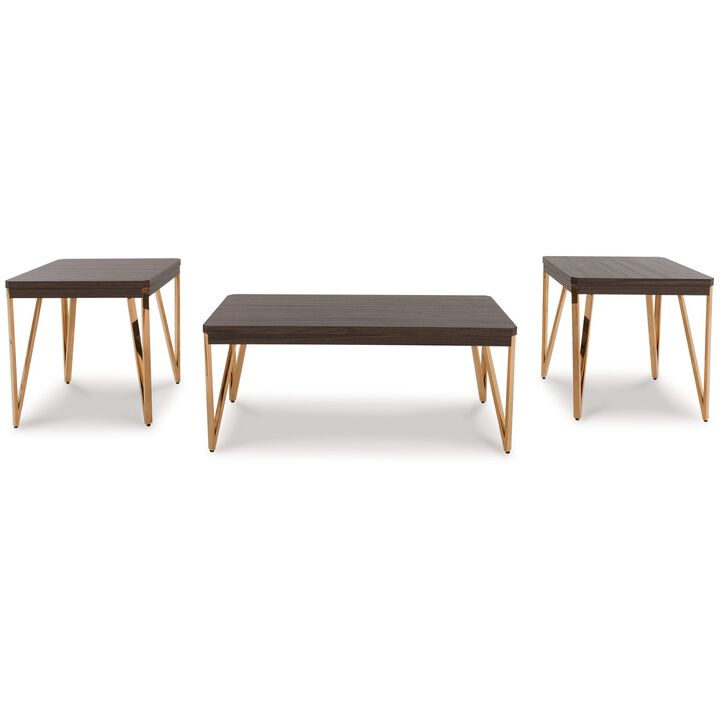 3 Piece Coffee and End Table Set, Steel Legs, Wood Grain Details, Brown-Benzara
