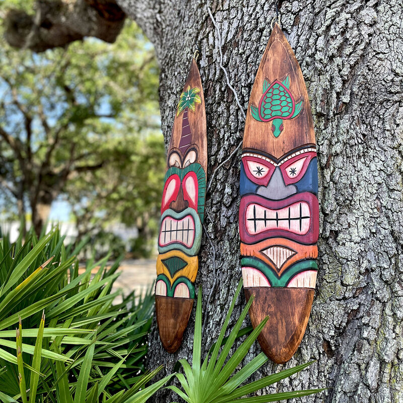 Set of 2 Tiki Surfboard Wall Decor 39" Sea Turtle Palm Tree Hand-Carved Art image number 5