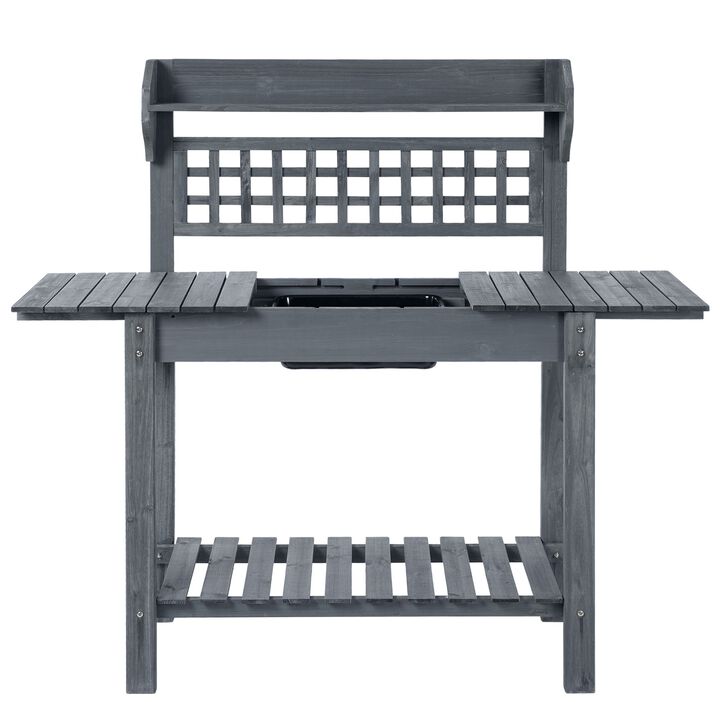 QuikFurn Outdoor Grey Wood Potting Bench Expandable Top with Food Grade Plastic Sink
