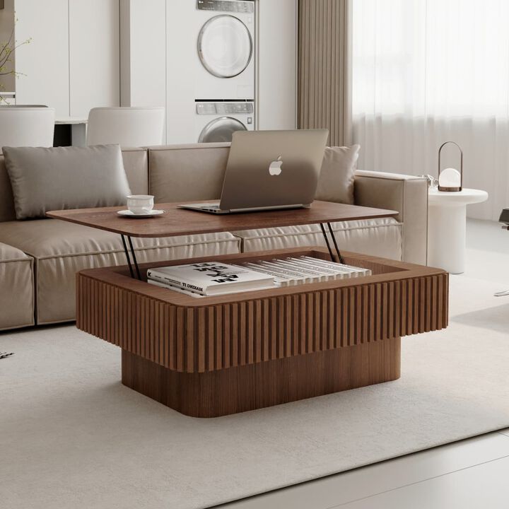 Rectangular lift top coffee table Coffee table with hidden storage and soft close Fluted MDF and solid wood veneer coffee table
