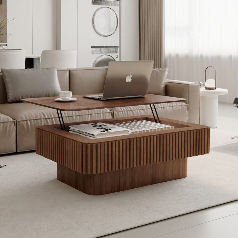 Rectangular lift top coffee table Coffee table with hidden storage and soft close Fluted MDF and solid wood veneer coffee table image number 1