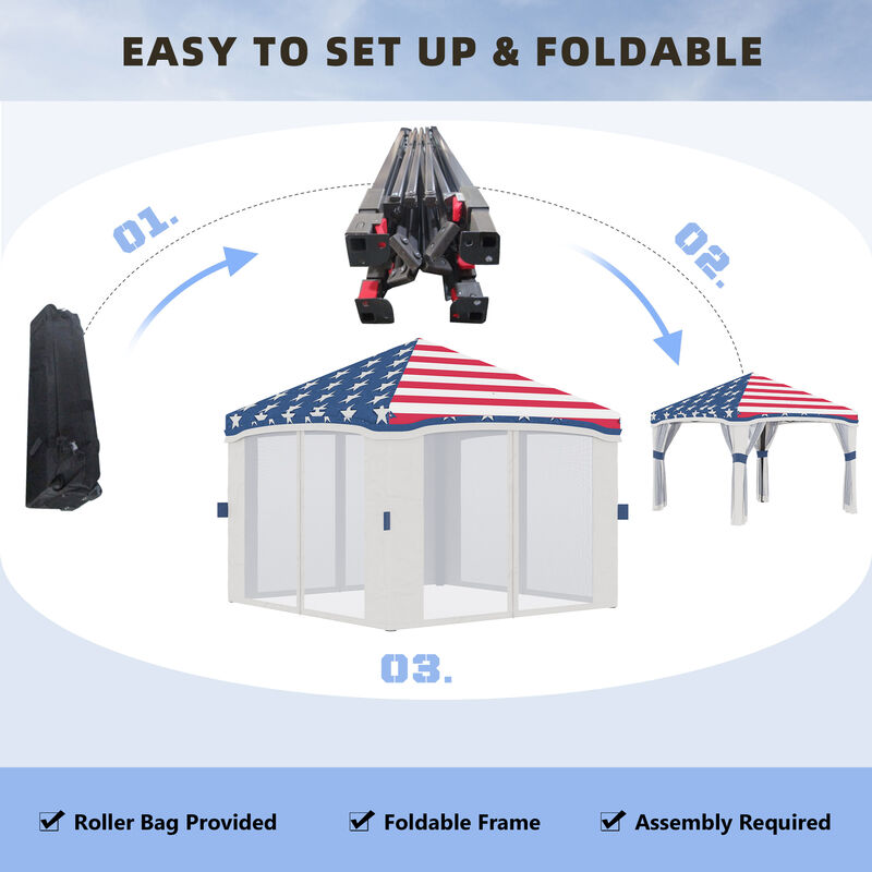 Outsunny 10' x 10' Pop Up Canopy Tent with Netting, Instant Tents for Parties, Height Adjustable, with Wheeled Carry Bag and 4 Sand Bags for Outdoor, Garden, Patio, American Flag