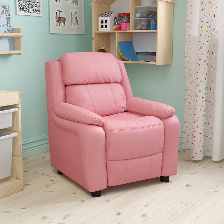 Flash Furniture Charlie Vinyl Kids Recliner with Flip-Up Storage Arms and Safety Recline, Contemporary Reclining Chair for Kids, Supports up to 90 lbs., Pink