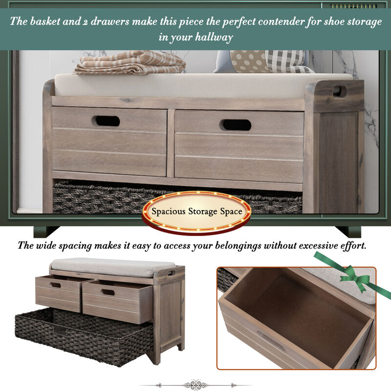 Storage Bench With Removable Basket And 2 Drawers, Fully Assembled Shoe Bench