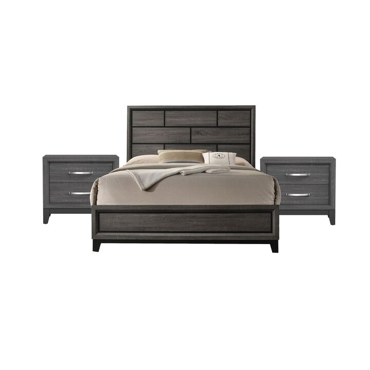 3pc King Bedroom Set, Gray, Black Wood, 2 Nightstands