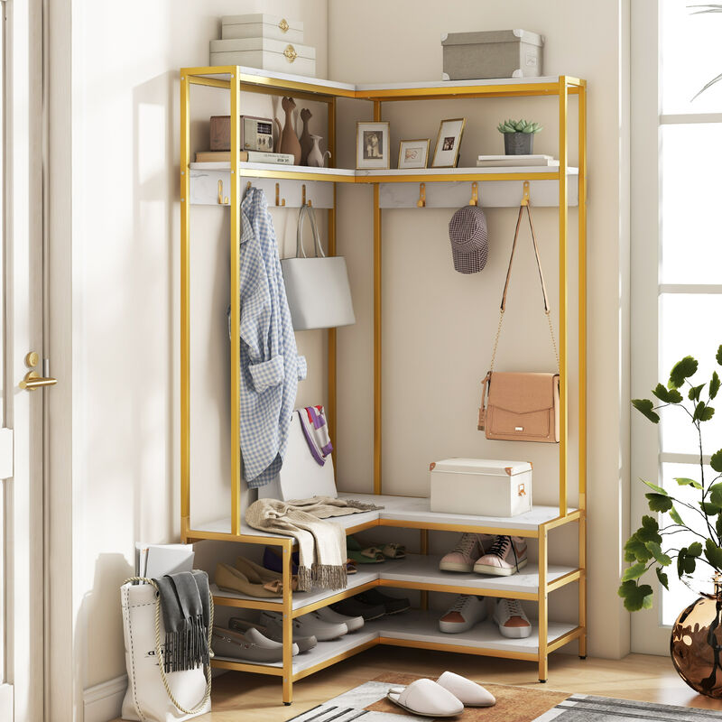 Corner Garment Rack with 7 Hooks, Open Shelves, and Shoe Bench for Entryway