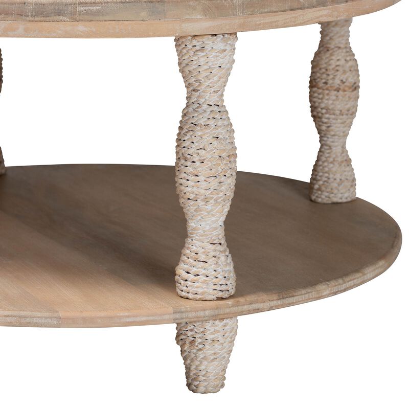 bali & pari Lejane Wood Coffee Table with Seagrass Wrapped Legs - Round Living Room Table with Open Shelf Storage image number 2