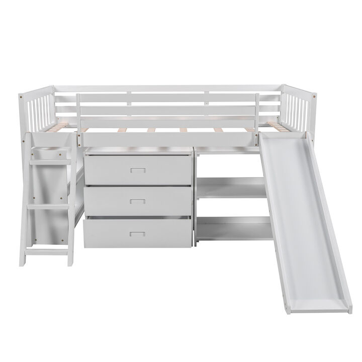 Merax Low Loft Bed with Attached Bookcases and Separate 3-tier Drawers,Convertible Ladder and Slide