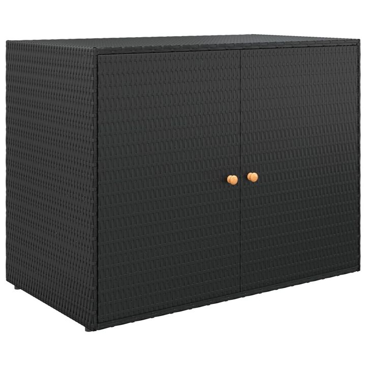 Outdoor Storage Cabinet, Solid Acacia Wood, 39 Inch Black PE Rattan - Benzara