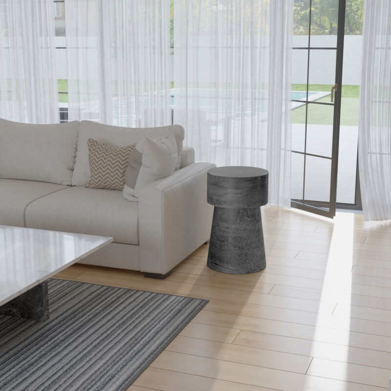 Vintage 23.6 Inch Accent Side Table, Round Top, Antique Silver Cast Aluminum Drum Base