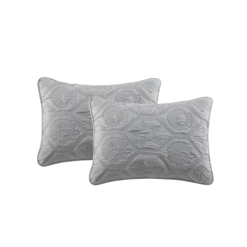 Hivvago King Coastal Beach Embossed Starfish Seashell Seahorse Grey 3-Piece Quilt Set