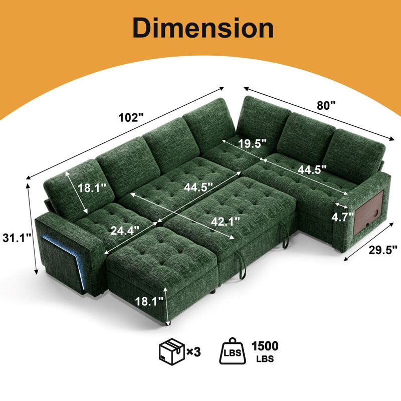102" L-Shaped Chenille Modular Sectional Sleeper Sofa with Pullout Bed, Reclining Backrest, USB image number 1