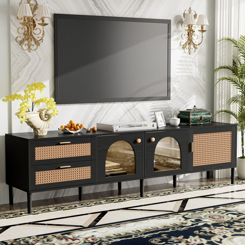 TATEUS Rattan TV Stand with 3 Cabinets & 2 Drawers, Rattan-inspired Media Console Table for TVs up to 80''