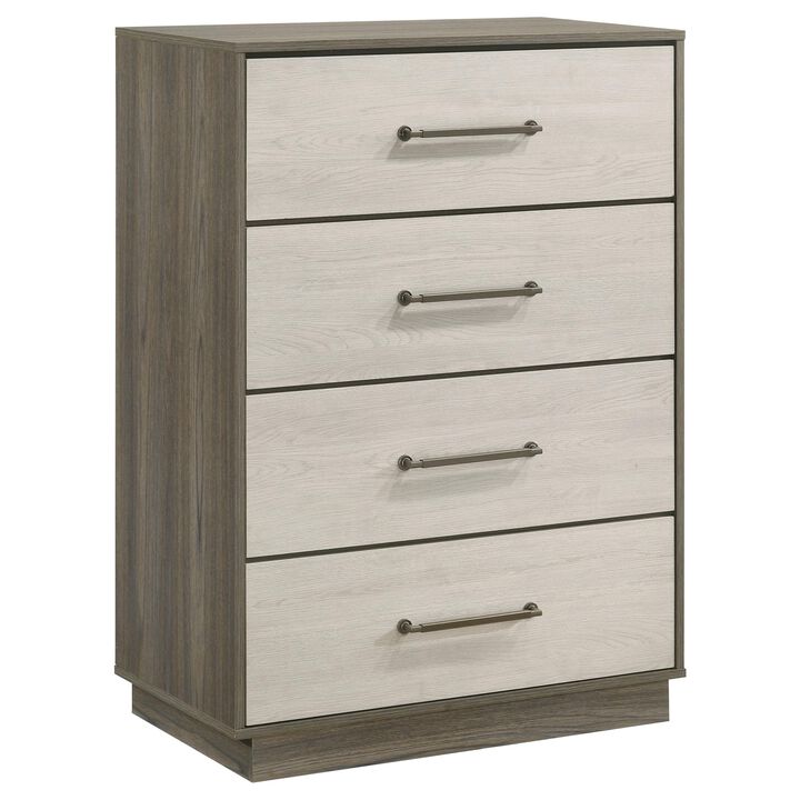 Fene Tall Dresser Chest, 4 Storage Drawers, Nickel Bar Handles, Gray - Benzara