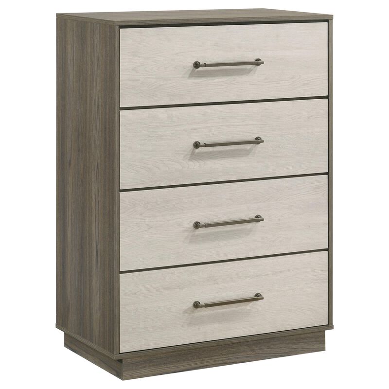 Fene Tall Dresser Chest, 4 Storage Drawers, Nickel Bar Handles, Gray - Benzara