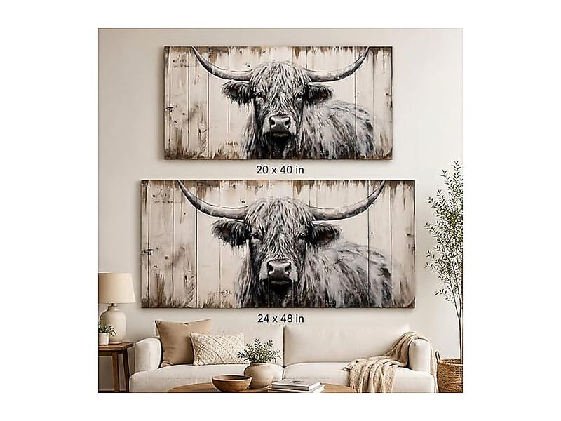 Highland Cow Canvas Wall Art Rustic Black White Decor Large Farmhouse Animal image number 2