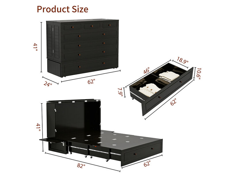 Livelylodge Wood Cabinet Murphy Bed Storage Space Drawer for Guest Room Black