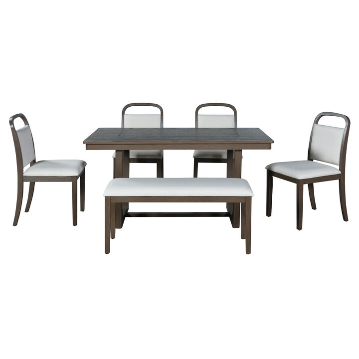 Merax Farmhouse Dining Table Set with 4 Cushioned Chairs & Storage Bench