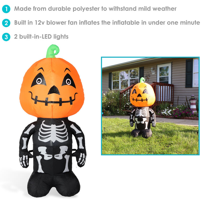 Sunnydaze Pumpkin Head Skeleton Halloween Inflatable Yard Decoration - 4 ft