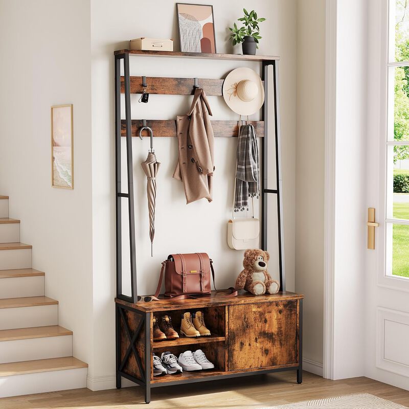 Coat Rack, Hall Tree with Bench and Shoe Storage, 31.5&rdquo; Steel Frame Entryway Bench Large 6 Hooks, 31.5" x 15.8" x 71" image number 1