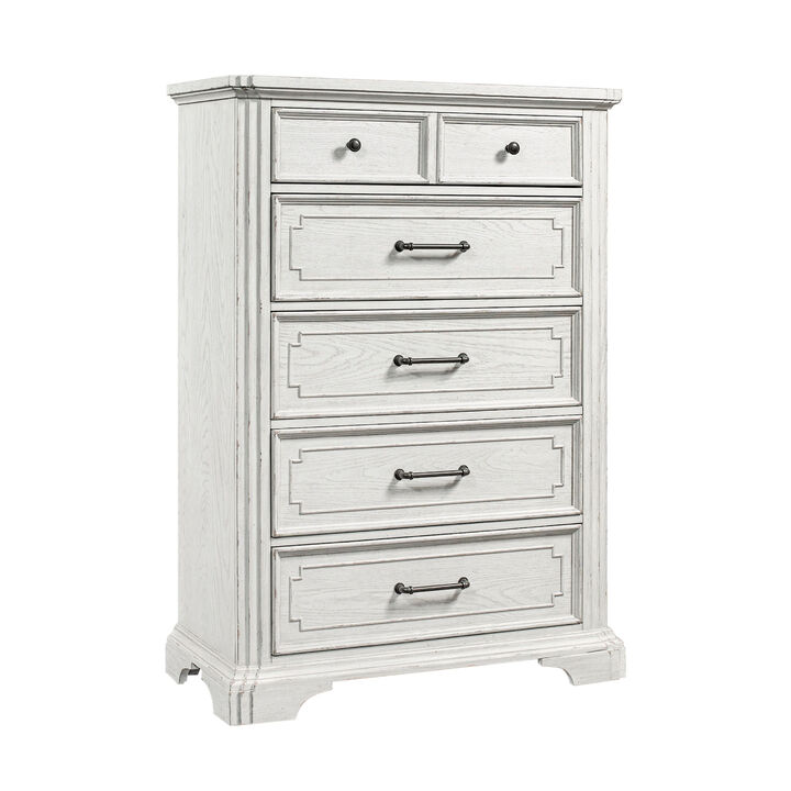 Lesy Tall Dresser Chest, 5 Drawers, Black Metal, White Poplar Wood - Benzara
