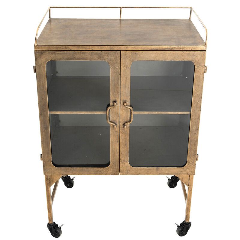 Metal Bar Cabinet with Glass Doors and Wheels, Gold and Antique Brass image number 5