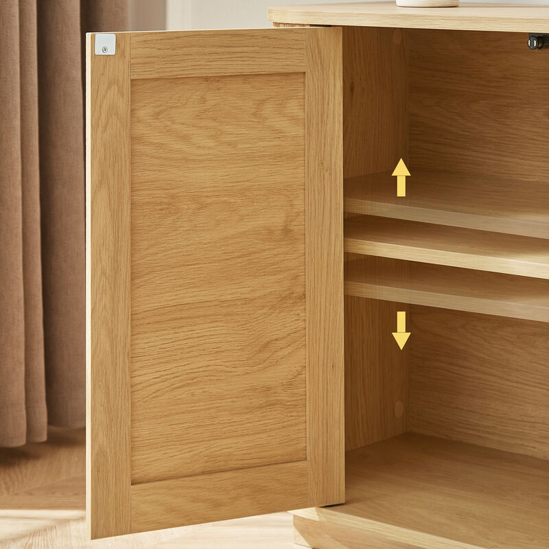 TATEUS Rounded Corner Sideboard - 64" Natural Wood Rattan Door Storage Cabinet