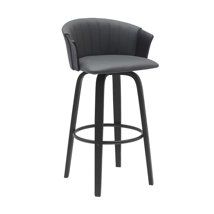 Oja 30 Inch Swivel Barstool Chair, Faux Leather, Curved Back, Black Wood - Benzara