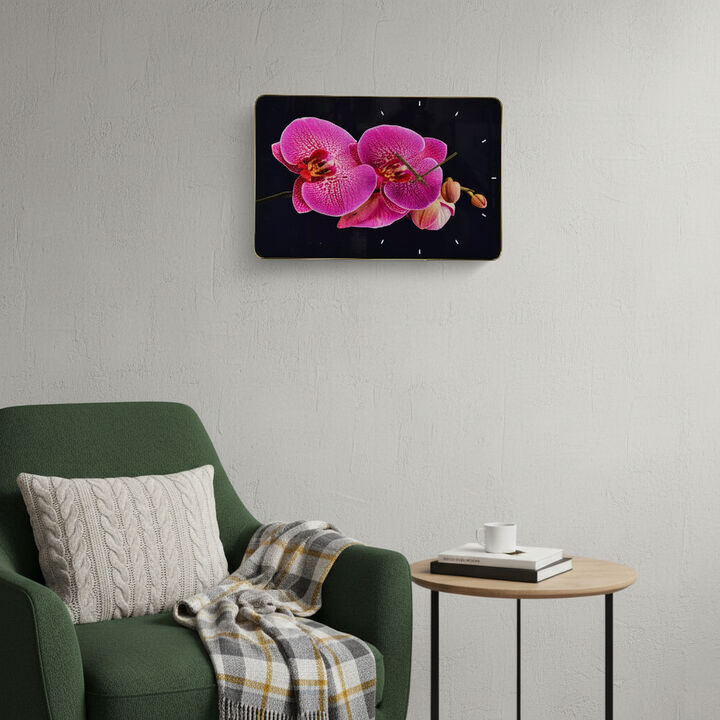 HomeRoots 24" Pink Black And Gold Solid Wood and Acrylic Silent Orchids Floral Wall Clock