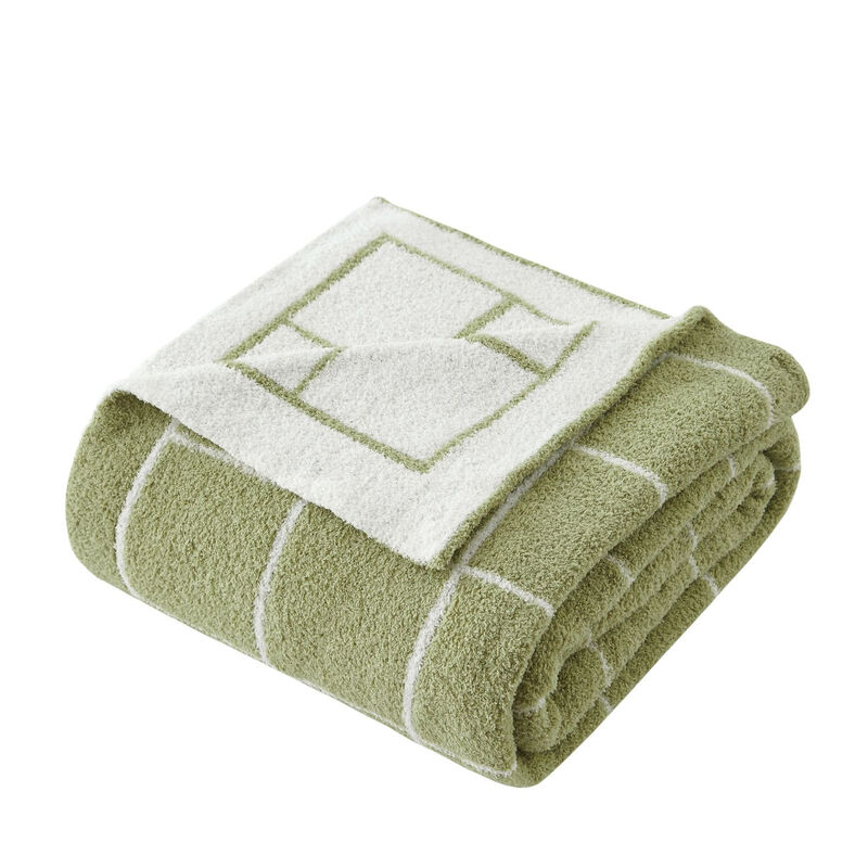 HomeRoots 50" X 60" Green and White Fleece Knitted Geometric Plush Throw Blanket image number 0